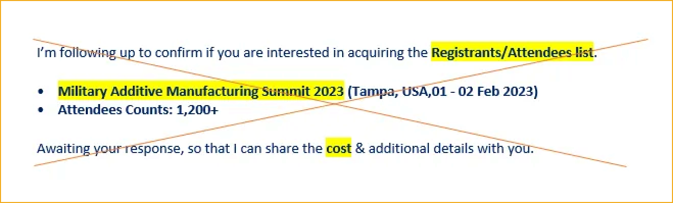 Example of a fraudulent attendee list email — do not click or respond